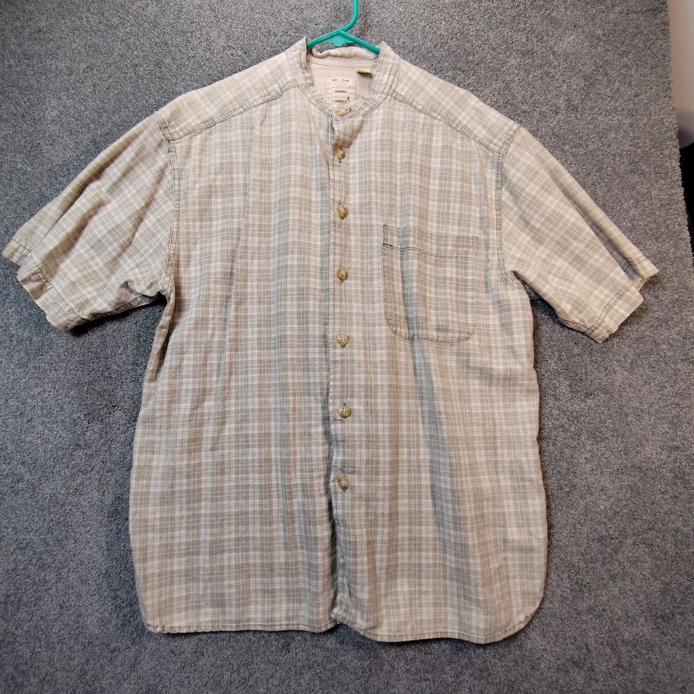 On The Brink Plaid Linen Cotton Blend Short Sleeve Button-Up Shirt Size L